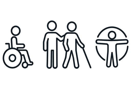 Accessibility icon set for inclusive design. Minimalist vector symbols of disability, mobility aids, and assistance. Wheelchair, blind person with cane, and universal access.