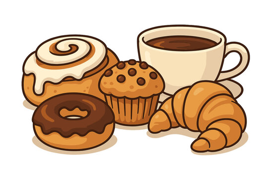 Delicious pastries and coffee for breakfast vector illustration. Cartoon set with croissant, cinnamon roll, muffin, and chocolate donut. Cozy morning treat from a cafe or bakery. - Powered by Adobe