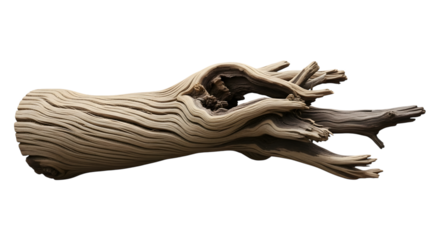 Detailed view of weathered driftwood with complex structure and openings, isolated on transparent background