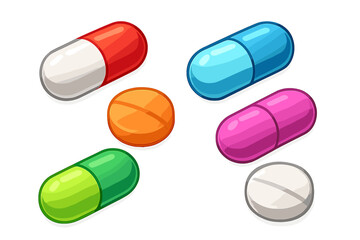 Colorful 3D medicine capsules and tablets set. Vector cartoon illustration of various medical pills, drugs, vitamins, and supplements for pharmacy or healthcare concepts.