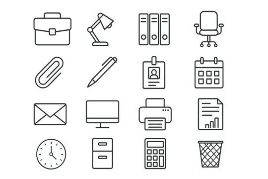 Office thin line icon set with editable stroke, vector cartoon illustration for banners, cards, social networks, apps, business office supplies, organized icons collection