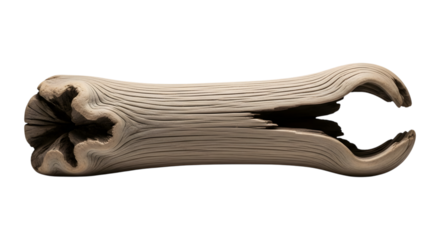 A weathered piece of driftwood with a unique, hollowedout shape, isolated on a transparent background, showcasing natural texture and organic form