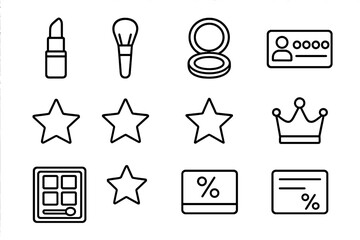 Makeup Icon Collection. Outline icon set of makeup studio rewards: lipstick, powder brush, compact mirror,