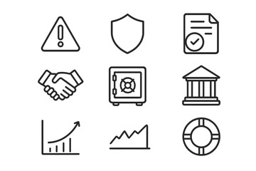 Financial Crisis Icons. Outline icon set of financial crisis prevention: alert triangle, shield, policy