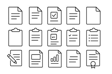 Pack of various document and clipboard thin line icons, editable stroke vector set for web, books, cards, apps, office, checklist, report, certificate, and writing tools
