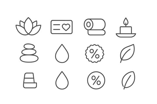 Spa Loyalty Icons. Outline icon set of spa and wellness loyalty programs: lotus flower, loyalty card, towel