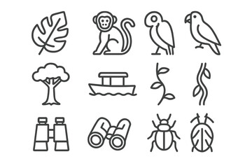 Fototapeta premium Rainforest Exploration Icons. Outline icon set of rainforest exploration: jungle leaf, monkey, parrot, tree