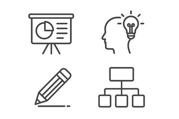 Presentation board with pie chart, brainstorming head with light bulb idea, pencil sketching line, organizational diagram chart concept, editable stroke vector icons for business and design