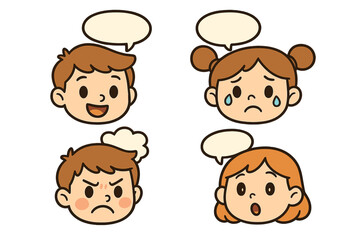 Cute kids expressions cartoon faces with speech bubbles for emotional learning. Vector set of boy and girl avatars showing happy, sad, angry, surprised feelings. Child head icons.