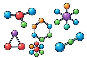 Set of colorful molecular structures. Atom models for science, chemistry, and physics education. Chemical compound icons. Vector illustration of atomic bonds and connections.