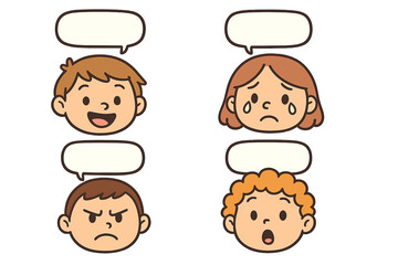 Kids cartoon faces with diverse emotions and speech bubbles. Vector set for emotional learning, social skills. Happy, sad, angry, surprised expressions for children's designs.