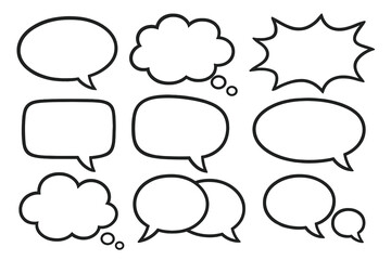 Fototapeta premium Speech bubble vector set. Comic dialog box. Chat message icon. Thought balloon. Talk quote frame. Pop art communication cloud. Shout bubble. Empty cartoon textbox design.