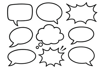 Fototapeta premium Set of speech bubbles. Comic dialog box for chat message or communication. Cartoon doodle sketch style. Quote box. Pop art design element. Thinking cloud and shouting explosion.