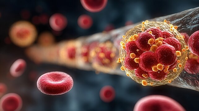 Microscopic view revealing virus cells infecting red blood cells within a human vein or artery, illustrating the complexities of disease and infection in the bloodstream