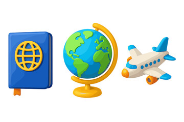 Fototapeta premium Colorful 3d travel icons set with passport, globe, and airplane. Vector cartoon illustration for tourism, vacation, and international journey concepts. World travel symbols.