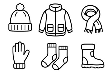 Winter clothing essentials set minimalist linear style vector icons. Warm hat with pompom, jacket, scarf, gloves, socks, and boots. Cozy winter apparel collection, transparent background.