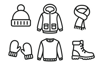 Winter clothing essentials minimalist linear vector set. Warm woolen hat, hooded jacket, cozy scarf, mittens, sweater, sturdy winter boots. Cold weather apparel icons.