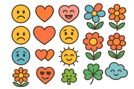 Groovy retro sticker set. Cute cartoon emoji, flower power daisy, heart, sun, and cloud characters. Hippie 70s nostalgia vector elements. Kawaii emoticons and nature symbols.
