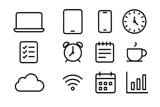 Remote Productivity Icons. Outline icon set of remote productivity tools: laptop, tablet, phone, clock, to-do