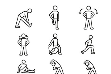 Fototapeta premium Warm-Up Exercise Icons. Outline icon set of warm-up and stretching: hamstring stretch, quad stretch, arm