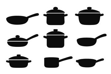 Set of silhouette cooking pans and pots icons, kitchen cookware vector illustration, black kitchen utensils collection, pots with lids, frying pans, saucepan set, culinary tools collection vector art