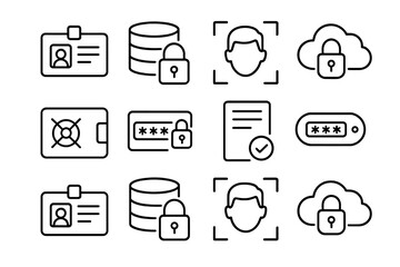 Personal Data Protection Icons. Outline icon set of personal data protection: ID card, encrypted database,