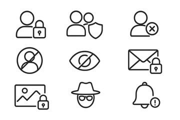 Social Media Icons. Outline icon set of social media privacy: profile lock, friend request shield, blocked