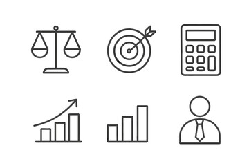 Simple linear icon set with scales, target, calculator, and bar graph for business, finance, analytics, and growth concepts, editable stroke minimalist vector design for apps and banners