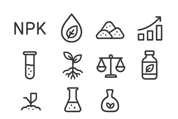 Obraz na płótnie Canvas Nutrient Fertilizer Icons. Outline icon set of balanced nutrient fertilizers: NPK letters, droplet with leaf,