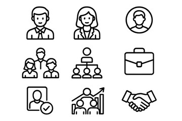 Staff company job icons set, editable stroke vector illustration with transparent background, business people, team, hierarchy, briefcase, handshake, professional avatars for web apps and cards