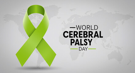 World Cerebral Palsy Day concept illustration. A green awareness ribbon on a grey background with a world map