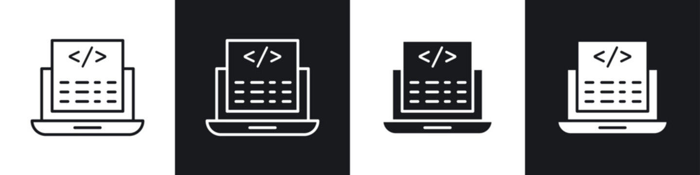 Display code icons collection in black and white filled and line versions