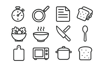 Quick Recipe Icons. Outline icon set of quick recipes: stopwatch, frying pan, recipe card, sandwich, salad