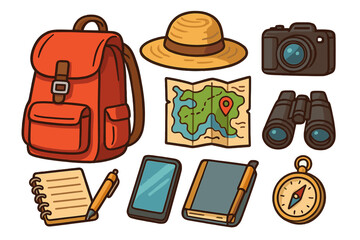 Travel essentials vector icon set for adventure and tourism. Cartoon collection with backpack, camera, map, compass, binoculars for hiking, vacation journey and exploration.
