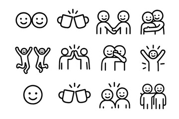 Joyful Interaction Icons. Outline icon set of cheerful interactions: smiling faces, clinking cups, handshake,