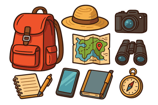 Travel essentials vector icon set for adventure and tourism. Cartoon collection with backpack, camera, map, compass, binoculars for hiking, vacation journey and exploration.