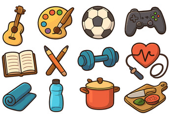 Set of hobby and lifestyle icons. Collection of leisure, fitness and creative activity symbols. Art, sports, cooking, gaming and health concepts. Vector cartoon illustration.