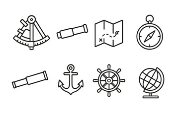 Exploration Tools Icons. Outline icon set of exploration tools: sextant, telescope, map, compass, spyglass, anchor, ship wheel,