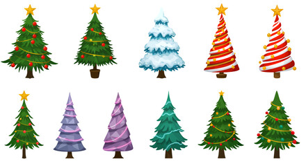 Obraz premium A collection of ten different Christmas tree illustrations, each with unique decorations and styles, arranged in two rows.