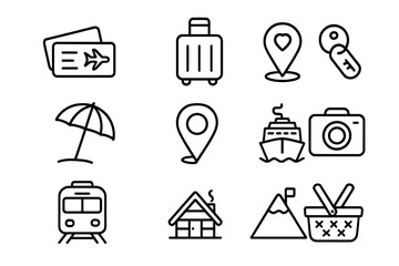 Couples Travel Icons. Outline icon set of travel surprises for couples: plane ticket, suitcase, passport,