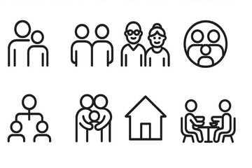 Family Icons Set. Outline icon set of bond and family: parent and child, siblings, grandparents, family circle, family tree,