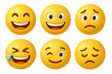 3D yellow emoji set with various character expressions. Cartoon emoticon face collection showing happy, sad, laughing, crying with joy tears and wink emotions. Vector icon pack.