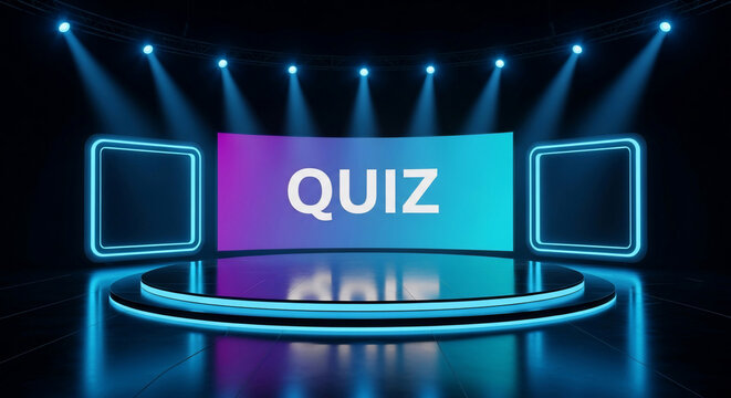 3D rendered illustration of a quiz stage with neon lights and a vibrant gradient background