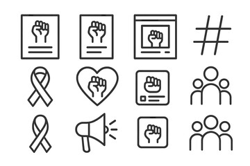 Anti-Racism Icon Set. Outline icon set of Anti-racism campaigns: poster, flyer, social media post, hashtag,
