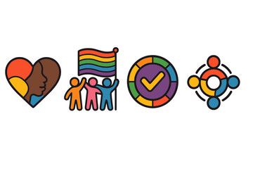 Vector icon set symbolizing diversity, inclusion, community, and equality. Includes multicultural love heart, LGBTQ pride flag, and teamwork unity concepts for social topics.