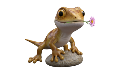 A charming cartoon gecko with large eyes and a playful smile holds a pink daisy in its mouth.