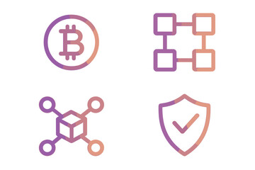 Set of gradient crypto and blockchain icons. Minimalist vector symbols for bitcoin, decentralized network, fintech, and secure transaction. Digital currency illustration.