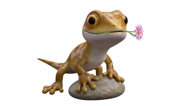 A charming cartoon gecko with large eyes and a playful smile holds a pink daisy in its mouth.