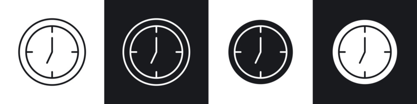 Clock seven icons collection in black and white filled and line versions