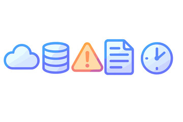 Gradient icons set of cloud, database, alert, document, clock. For digital interfaces, web design, app UI UX. Vector cartoon illustration of data storage, warning, time management.